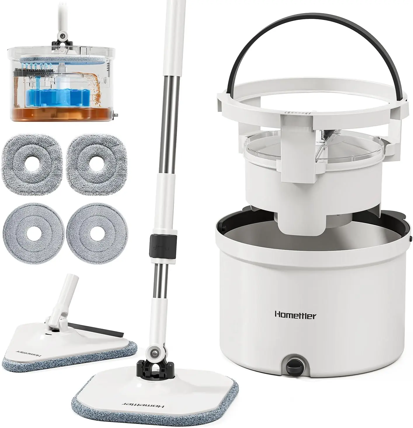Homettler Self-Wringing Spin Mop and Bucket Set, Square Mop with Detachable Inner Bucket, Separate Dirty-Clean Water System, 4 Microfiber Pads, Stainless Steel & Rubber Components for Floor Cleaning head brush steam replacement cubeta exprimidora