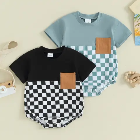 Newborn Baby Boy Checkerboard Bubble Romper Checkered Short Sleeve Oversized Bodysuit Jumpsuit Summer Clothes
