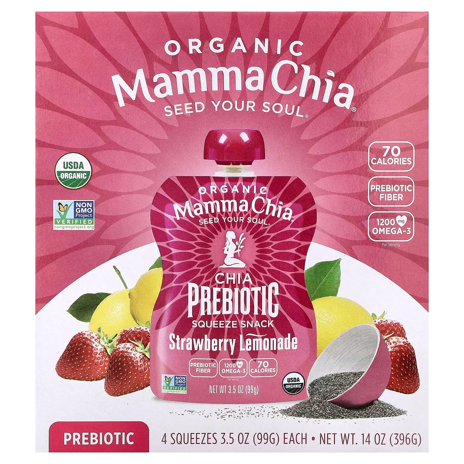 Mamma Chia Organic Chia Prebiotic Squeeze Snack, Strawberry Lemonade, 4 Pack, 3.5 oz (99 g) Each