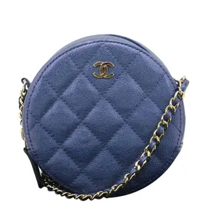 Pre-owned CHANEL Iridescent Caviar Leather Crossbody Bags Round Clutch with Chain Mini Quilted Crossbody Bag Shiny Blue
