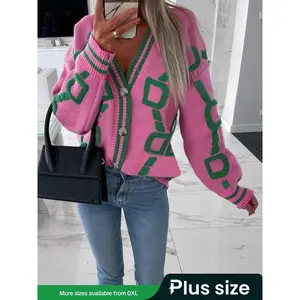 Plus Size Geometric Embroidered Knit Cardigan, Ribbed Hem V Neck Button Front, Casual Fashion Sweater for Women, Knitwear, Tops