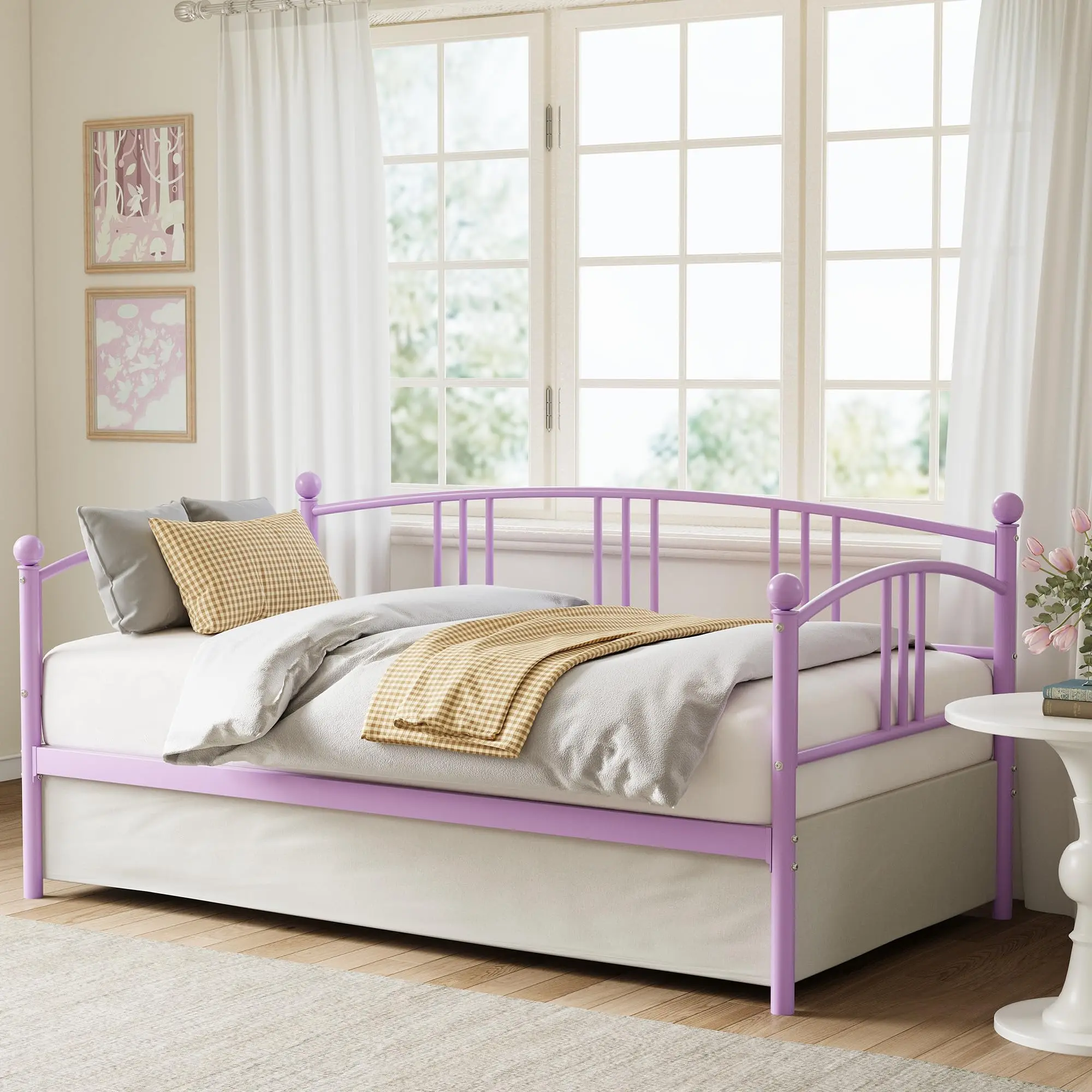 GARVEE Twin Daybed,Sturdy Metal Day Bed with Steel Slat Support, Arched Headboard Sofa Bed for Bedroom and Guest Room,(Purple-Without Trundle)