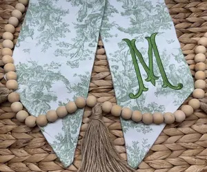 Green Toile Fall Wreath Sash: Embroidered Chinoiserie Ribbon, Fall Door Decor wreath sash, monogram door decor
