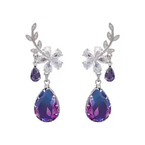 European and American Cross-border Colorful Blue Zircon Teardrop Tassel Earrings Light Luxury High-end Studs Fashion Versatile Earrings for