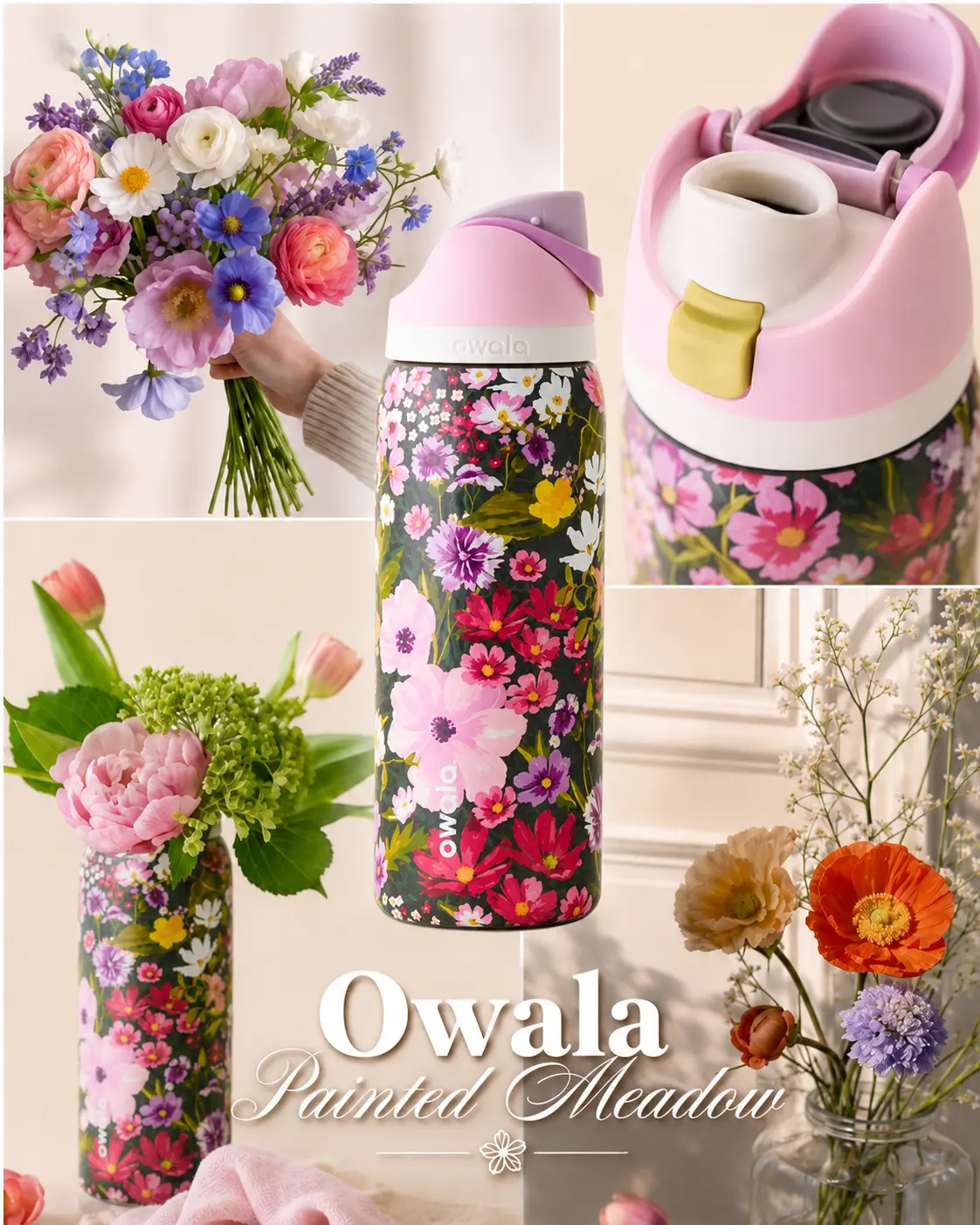 Owala UO Exclusive Painted Meadow 32 oz FreeSip Insulated Water Bottle – Floral Stainless Steel Leakproof Tumbler