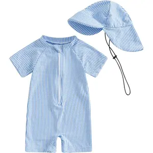 SQ-NG014 Toddler Baby Boys Seersucker Short Sleeve One Piece Rash Guard Swimsuit Zipper Bathing Suit Swimwear with Hat