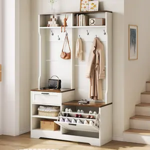 Vividwood Hall Tree with Bench and Shoe Storage 6-in-1 Versatile, 43.3" x 15.75" x 70.87", MDF Wood, Embossed White Walnut Wood Grain Finish, for Entryway, Bedroom, or Garage
