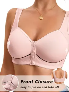 Women's Front Button Closure Plus Size Thin Padded Lightweight Fit Bra, Anti-Sagging Backless Vest Style Underwear, Comfortable Push-Up Bras