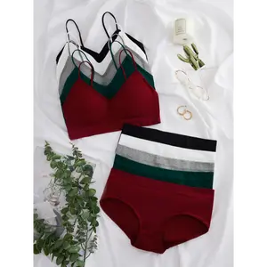 5 Sets Solid Ribbed Push Up Wireless Bra & Panties Lingerie Set, Elastic Women's Underwear