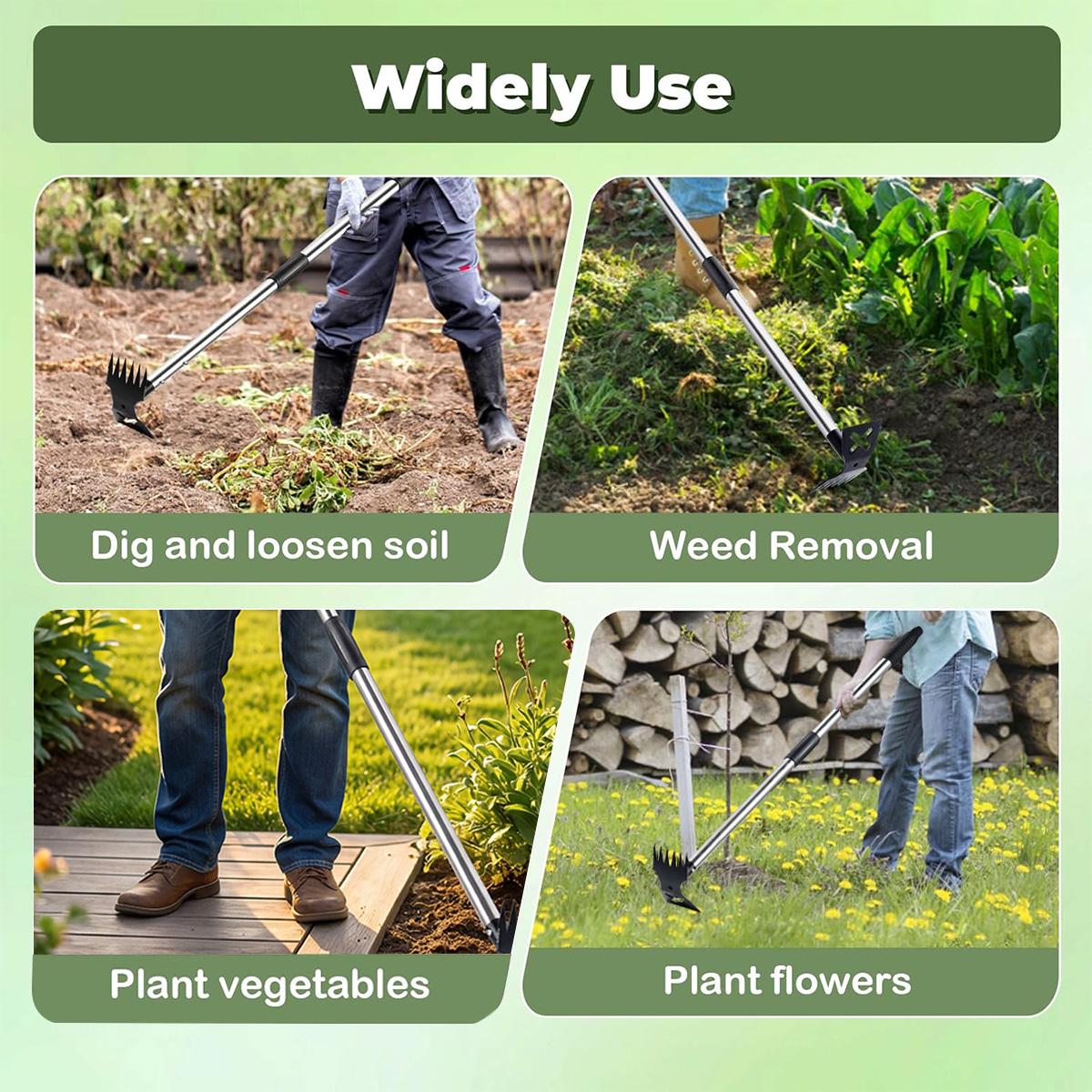 2-in-1 Ergonomic Garden Weeding Hoe & Leaf Rake, Heavy Duty Gardening Hand Tool with 2-Section Detachable Stainless Steel Handle (80cm), Adjustable Length for Planting, Tilling, Digging, Farm & Patio Cultivation, Bonus Gloves Included