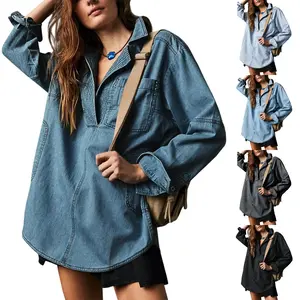 S~2XL Womenswear FallFreshness Denim Pullover Casual Comfort Button V Neck Blouse Loose Fit Tops Longsleeves Jean Jacket With Pocket