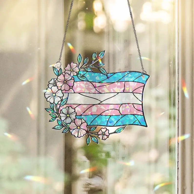 Floral Transgender Flag Suncatcher: Pride Acrylic Window Hanging, Pride Month Gift & LGBTQ Home Decor