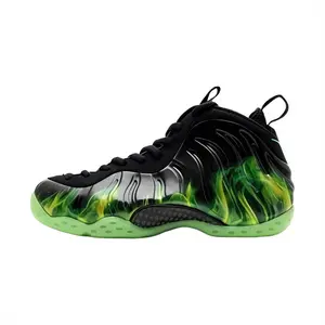 Black Green Flame Pattern High Top Sneakers for Men, Non Slip Wear Resistant Casual Athletic Shoes, Fashion Street Sports Footwear Breathable Comfortable Outdoor Sports Shoes for Daily Walking Travel Workout All Season Wear