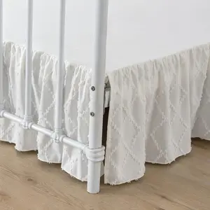 Queen Size Ruffled Bed Skirt with Split Corners, 16 Inch Drop Dust Ruffle with Platform, Boho Tufted Shabby Chic Bed Skirt, Ivory