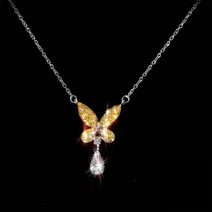 Luxuriant Lab Grown Yellow Diamond IR and Lab Grown Diamond VS 0.25 ctw Butterfly Pendant Necklace in Rhodium Over Sterling Silver 18-20 Inches Christmas Gifts