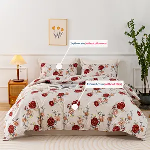 Elegant Reversible Duvet Cover Set Queen Size - Shabby White & Red Rose Floral Bedding Vintage Farmhouse Style with Hidden Zipper Closure 3-Piece Set