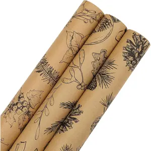 Christmas Wrapping Paper Roll - Brown    Wrapping Paper for Xmas,Birthday,Seasonal Winter Holiday Party - 3 Mini Roll -17in x120in Per Roll(42.3 sqft)