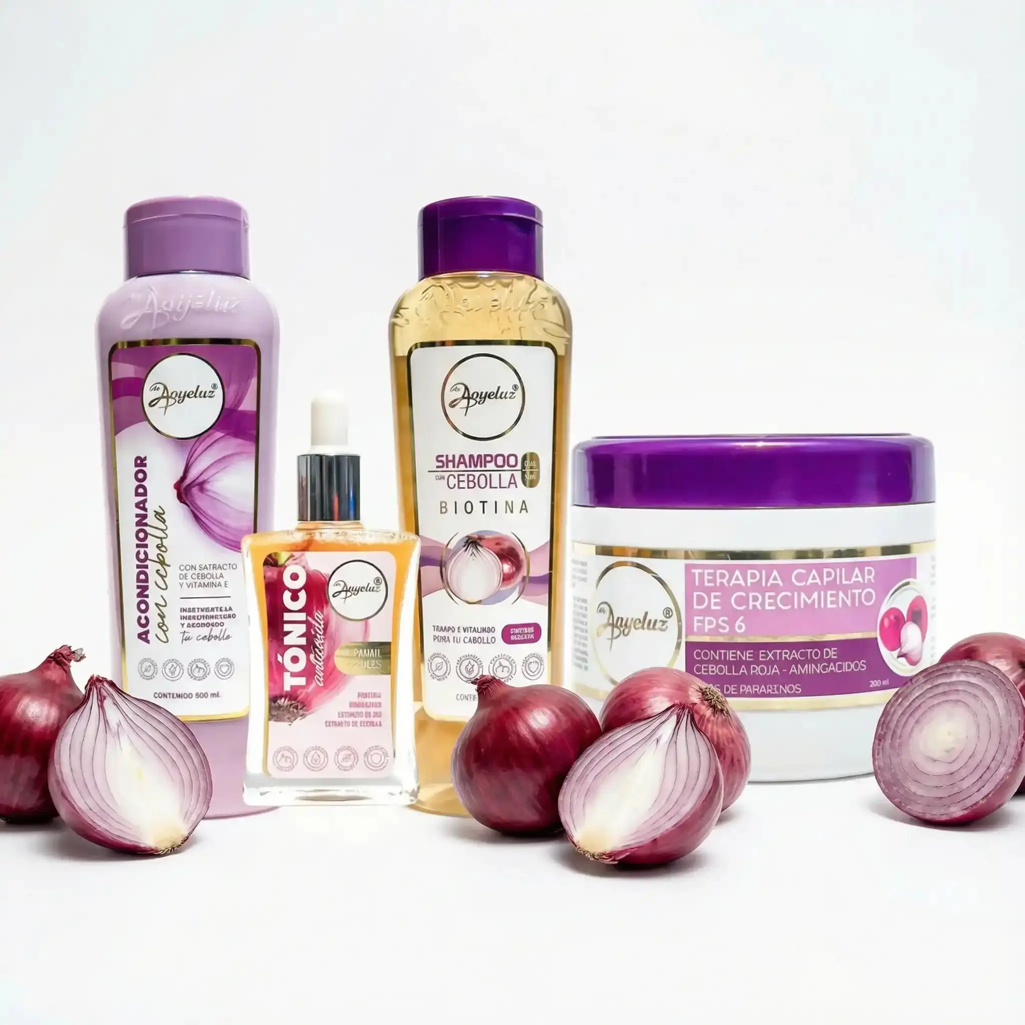 Anyeluz Shampoo de Cebolla, Anyeluz acondicionador de cebolla, Anyeluz Terapia Capilar y Anyeluz tonico Anticaida de cebolla (4 pack)