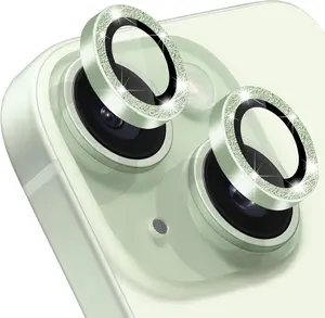 Compatible with  15 & 15 Plus Camera Lens Protector, Bling Glitter  Lens Cover 9H Tempered Glass Camera Cover Anti Scratch Shockproof Screen Protector Individual Metal Lens Ring -