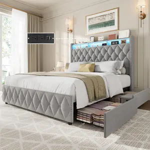 King Bed Frame with 51inch Tall Headboard Platform Velvet Upholstered Bed Frame with 4 Storage Drawers USB Charging Station Led Lights No Box Spring Needed Easy Assembly Grey
