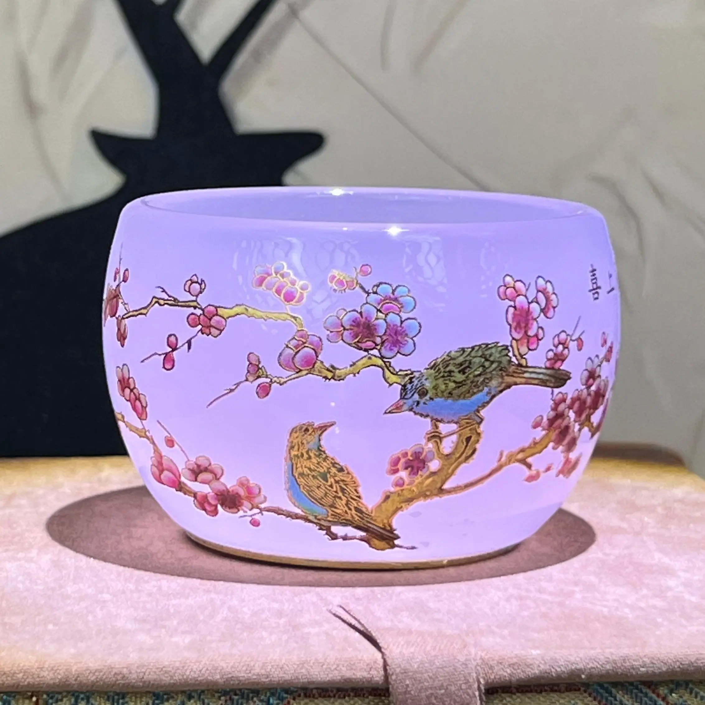 Pink Jade Teacup, Magpie Plum Blossom Pattern, Elegant Chinese Gongfu Tea Cup