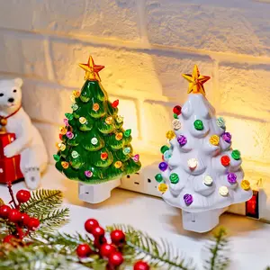 Christmas Tree Night Light - 2 Pack Vintage Christmas Night Light with ON/Off Switch, 6" Decorative Ceramic Tree Light for Bedroom Living Room Xmas Holiday Decor, Green and White