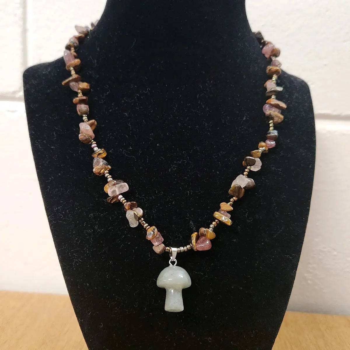 Handmade Crystal Necklace made from Strawberry Quartz and Garnet with a beautiful Labradorite Mushroom Pendant