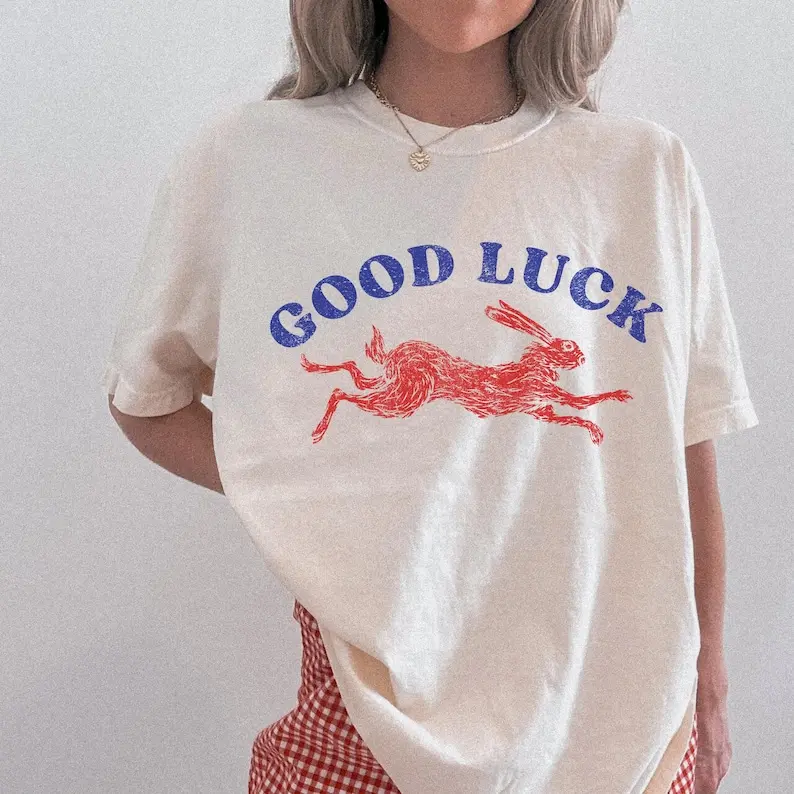 Cool Women’s Retro Western Aesthetic Shirt, Lucky Rabbit Easy Tiger Good Luck Graphic Casual Tee