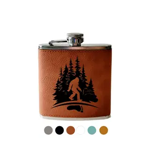 Flask- Bigfoot Footprint with Evergreen Trees. Engraved flask.  Leather Hip Flask. Father's Day, graduation hip flask stainless steel