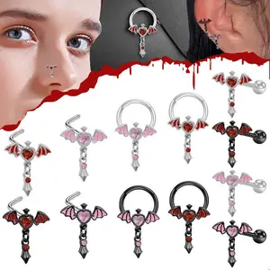 GTHIC L Rod Heart Wings Inlaid Zircon Stainless Steel Black Nose Ring for Women Charms Piercing Jewelry Birthday Gift