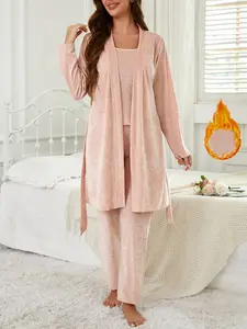 Women's Velvet Sexy Sleeveless Pants Set + Belted Long Sleeve Robe, 3 Piece Pajama Set for Autumn Winter, Casual Fitted Sleepwear Loungewear