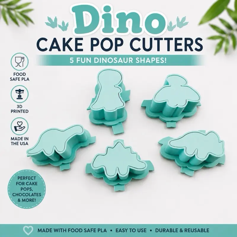 Dino Cake Pop Cutter Set – 3D Printed Food Safe PLA Cake Pop Tools | Cutter & Popper | Baking Supplies | Party Treat Maker | 5 Dinosaurs