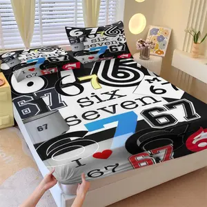 Creative "67 Meme" Fitted Sheet Set (with 2 Pillowcases), Soft & Comfortable, Soft Bedding Sheet, Perfect Gift for Trend Lovers, Bedroom Style Refresh