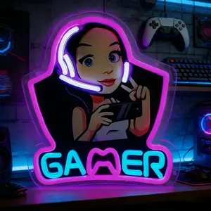 Gamer Girl Neon Sign LED Light Ambient Lighting for Bedroom Wall Decor, Pink & Blue Neon Lights Gaming Room Accessories, Cute Cartoon Playful Design Game Neon Signs for Teen Girls Room, Dorm, Game Setup, USB Powered Neon Wall Art Decor Gift for Gamers