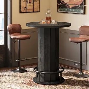 LITTLE TREE Round Bar Table, 39.4" H Wood Bistro Pub Table with Metal Ring Footrest for Dining Coffee Cocktail Living Room, Small Space, Black(Only Table)