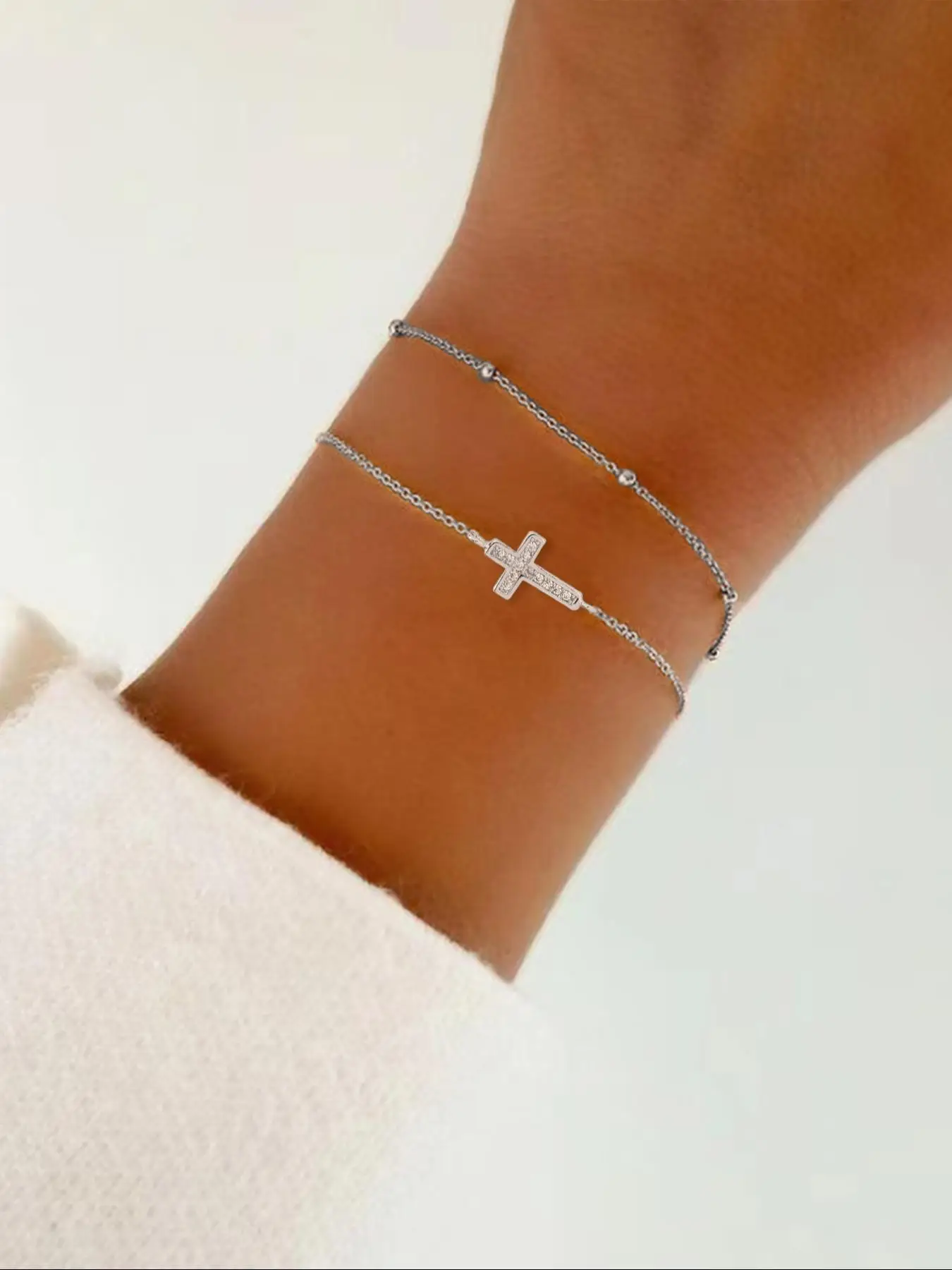 Elegant Cross & Bead Charm Design Bracelets, Exquisite Trendy Adjustable Strap Bracelets for Women, Chic Gorgeous Jewelry, Girlfriend Gifts, Matching