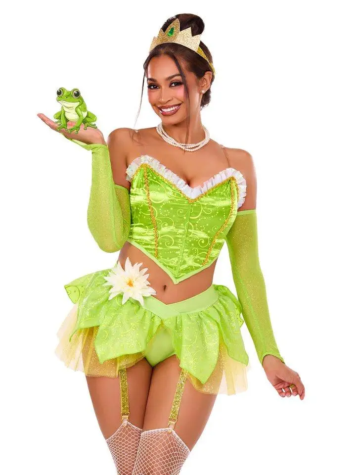 Ms. Tiana Costume - Green Crop Top, High Waisted Bottoms, Tulle Skirt, Sparkly Gloves, Crown Headband - Perfect for Royal Era Princess Look