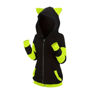 BIGWIG Women's Cat Ears Ribbed Hoodie Jacket, Two-Tone Colorblock Mid-Length Sweatshirt, Cute and Cozy Animal-Inspired Outerwear for Fall and Winter