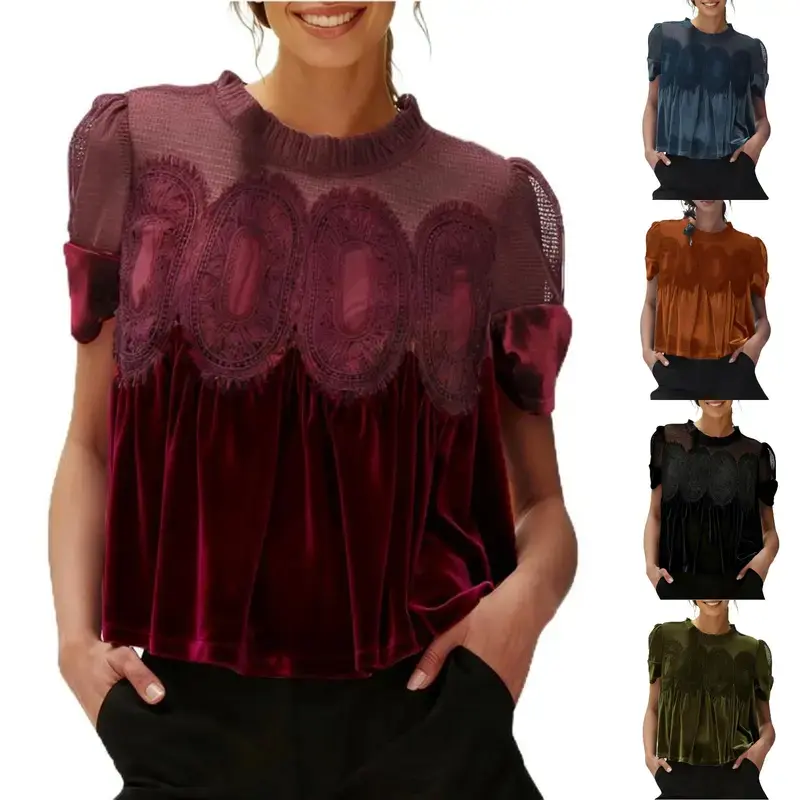 Yeokou Women's Chic Elegant Velvet Lace Blouse - Casual Loose-Fit Short-Sleeve Flared Swing Shirt with Intricate Back Detail, Ideal for First Day of School Outfits, Work,back to school,back to school shopping