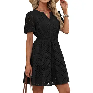 Women's Eyelet Lace A Line Mini Dress V Neck Summer Casual Short Dress