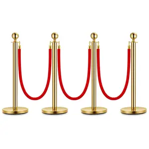 Elegant Gold Stanchion Posts with Luxurious Red Velvet Ropes - 4-Pack VIP Queue Poles for Red Carpet Events, Weddings, and Premieres - Easy Assembly, Durable, Stylish Crowd Control