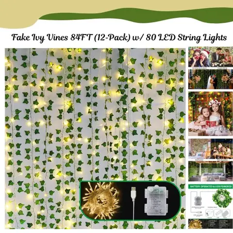 Fake Ivy Vines 84FT (12‑Pack) w/ 80 LED String Lights – Aesthetic Room Decor for Bedroom, Wall, Wedding, Party, Office, Patio & Garden