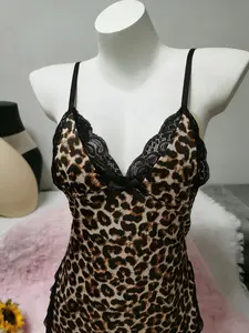 Women's Sexy Sleeveless Nightgown Leopard Lace Split Strap Dress, Fashionable Comfortable Home Wear, Wildly Elegant Fitted Sleepwear,