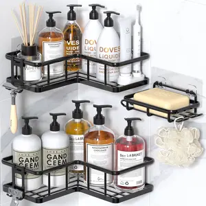 Shower Caddy Corner, 3-Pack Adhesive Rustproof Stainless Steel Shower Shelves with Soap Holder, No Drilling Shower Organizer Corner for Dorm, Renters Bathroom, Black