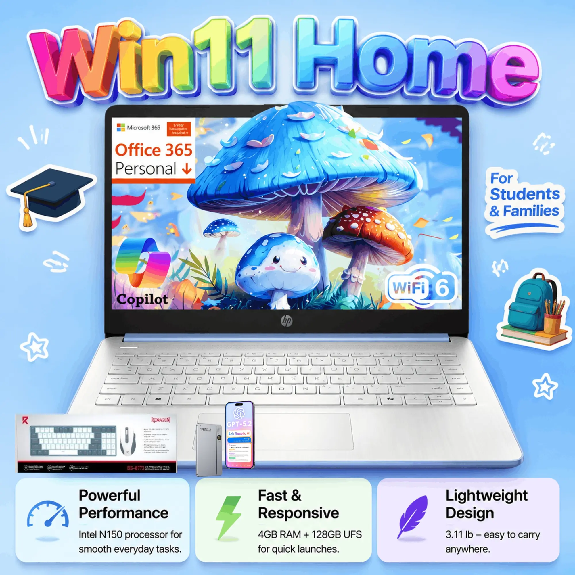HP 14‑Inch Slim Lightweight Student Laptop, Intel N150 Processor Up To 3.6 GHz, 4GB RAM, 128GB Storage,1-Year Office 365,Windows 11 Home Notebook, Ideal For Schoolwork & Everyday Use, Bundle Accessory Included, Blue