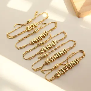 18K Gold Plated Bubble Letter Beads Bracelet, Customizable A-Z Alphabet Initial Charm Beads for DIY Name Jewelry, Brass Smooth Letter Accessories for Women
