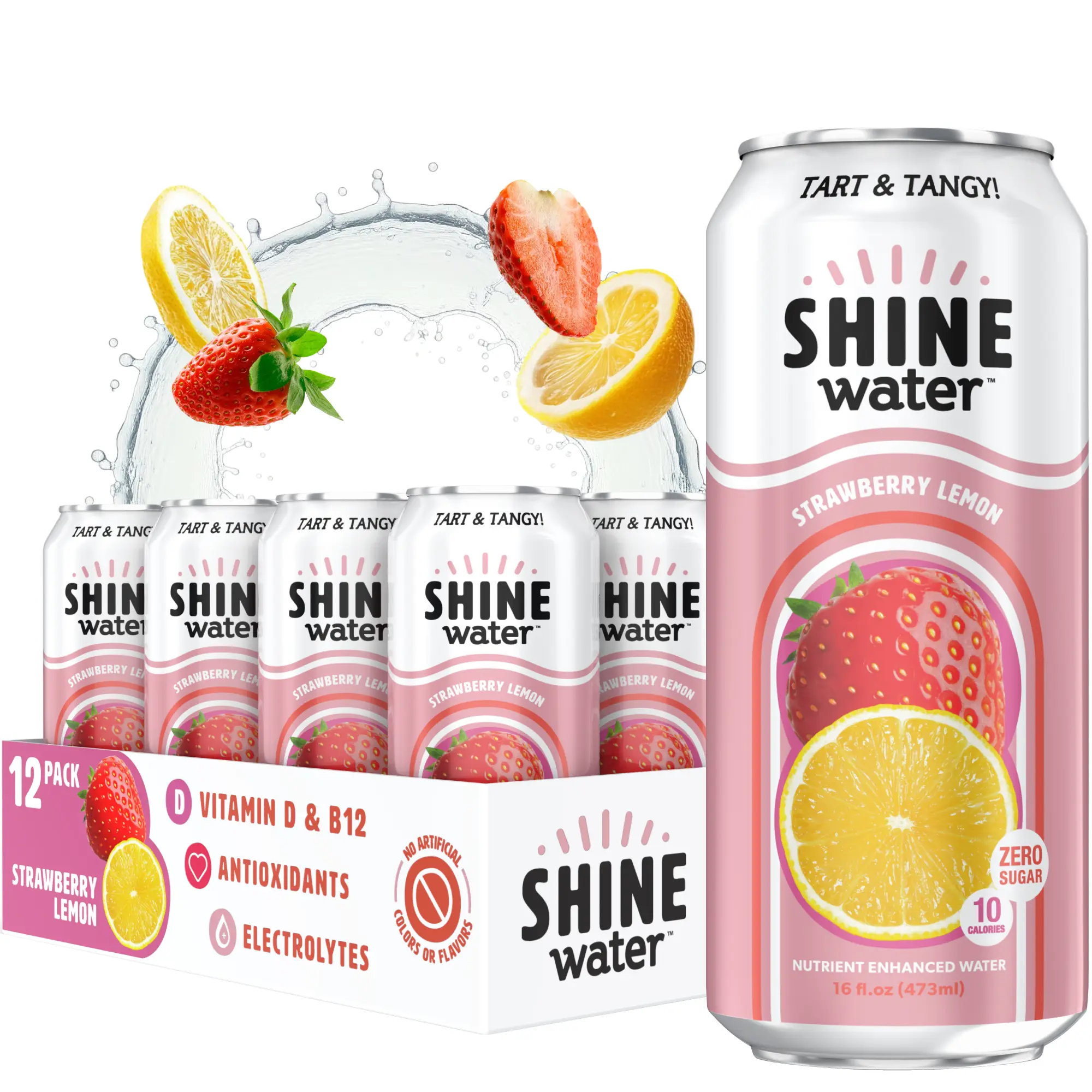 ShineWater Strawberry Lemon Flavored Natural Energy Beverage - 12-Pack Vitamin-Enhanced Water, 0 Sugar, Low Calorie, Plant-Based, Electrolyte-Infused, Gluten-Free, Kosher, Made in USA