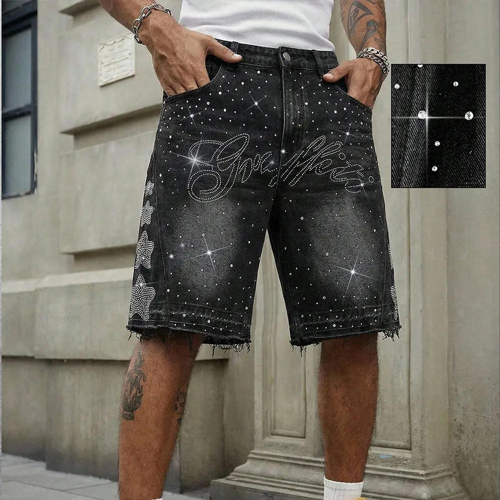 All Over Star Rhinestone Cursive Star Graphic Black Raw Hem Denim Mid Shorts90s Hip Hop Night Club Sparkle Staple