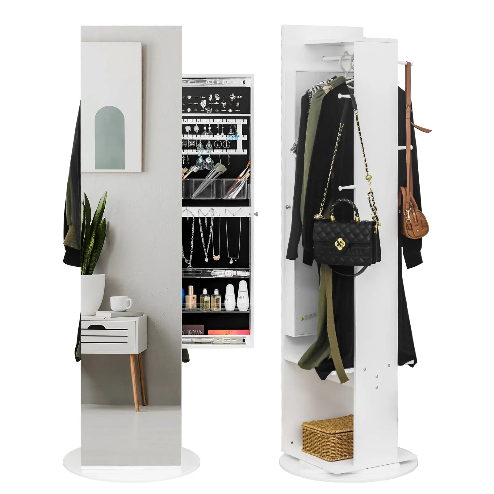 Standing Jewelry Armoire with 360° Rotating Full-Length Mirror, Large Capacity Organizer, Coat Rack & Multi-Storage Shelves (Home Organizer Storage Holder Rack)