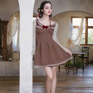 Sweet Lace Plaid Doll Dress-LuminaVenus Dresses vintage lace plaid babydoll dress  cottagecore plaid mini dress  French style lace sleeve dress  sweet vintage mini dress for women  retro plaid dress with lace sleeves